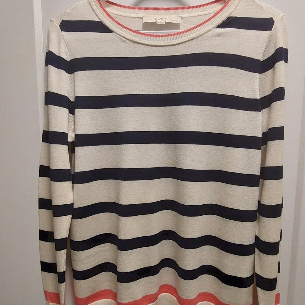 LOFT Petites Cream Black Pink Striped Long Sleeves Knit Top - Size Medium (MP)